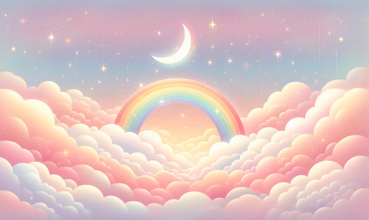 Papier peint arc-en-ciel nuages roses et étoiles