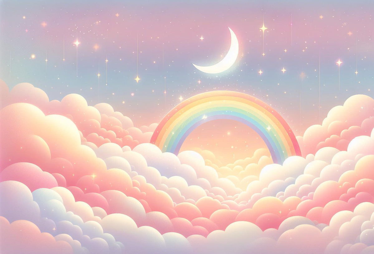 Papier peint arc-en-ciel nuages roses et étoiles