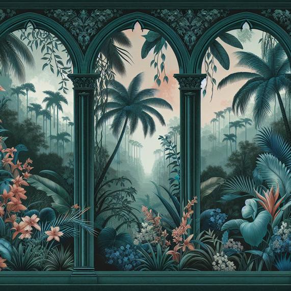 Papier peint art déco arche tropicale