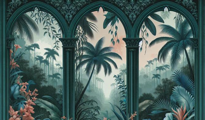 Papier peint art déco arche tropicale