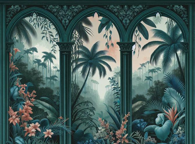 Papier peint art déco arche tropicale