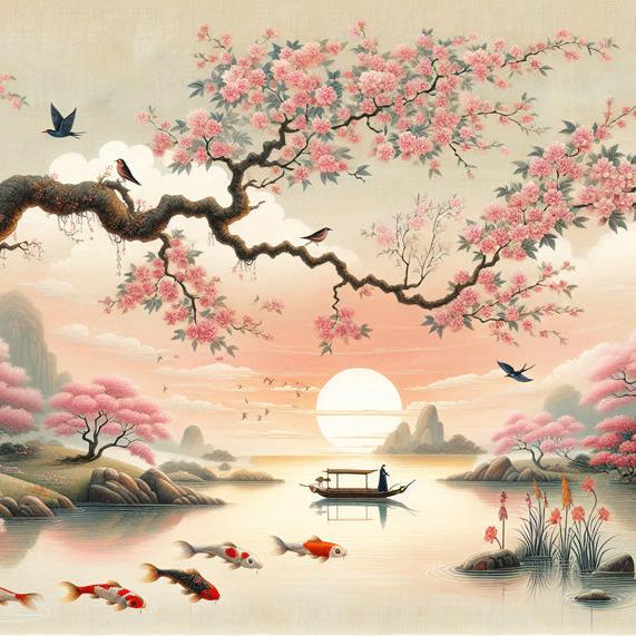 Papier peint japonais cerisier lac et carpe koï