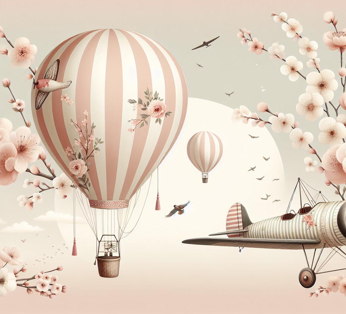 Papier peint montgolfière cerisiers et avions