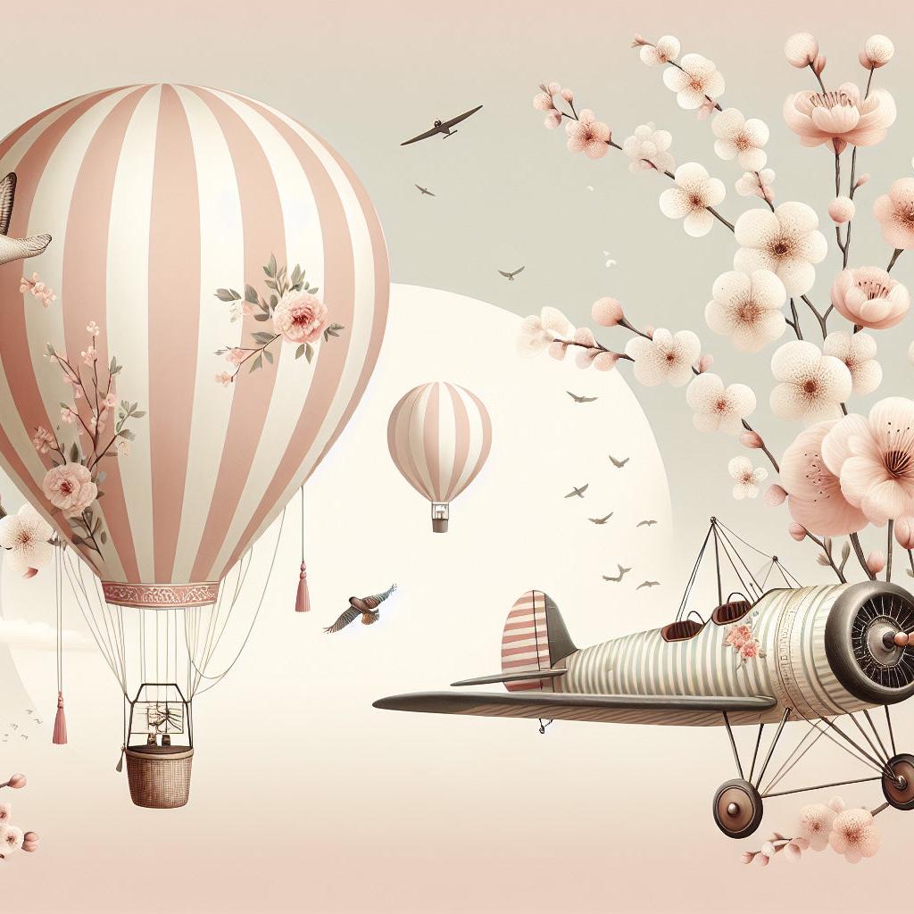 Papier peint montgolfière cerisiers et avions