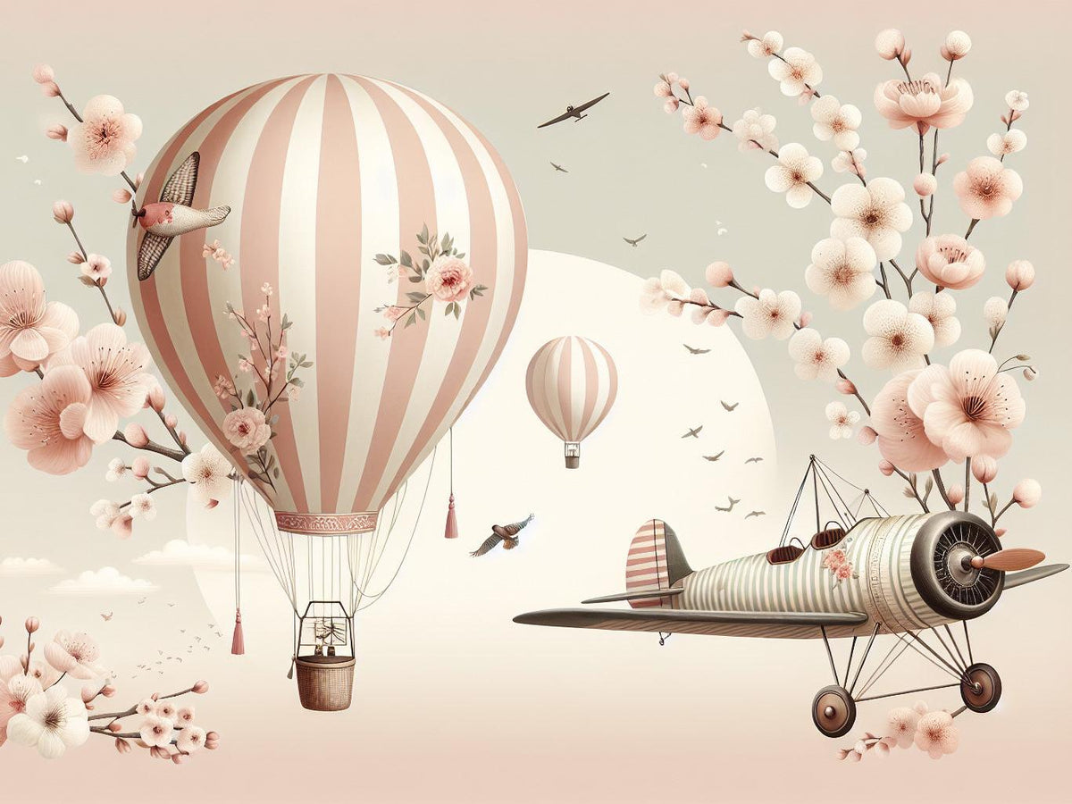 Papier peint montgolfière cerisiers et avions
