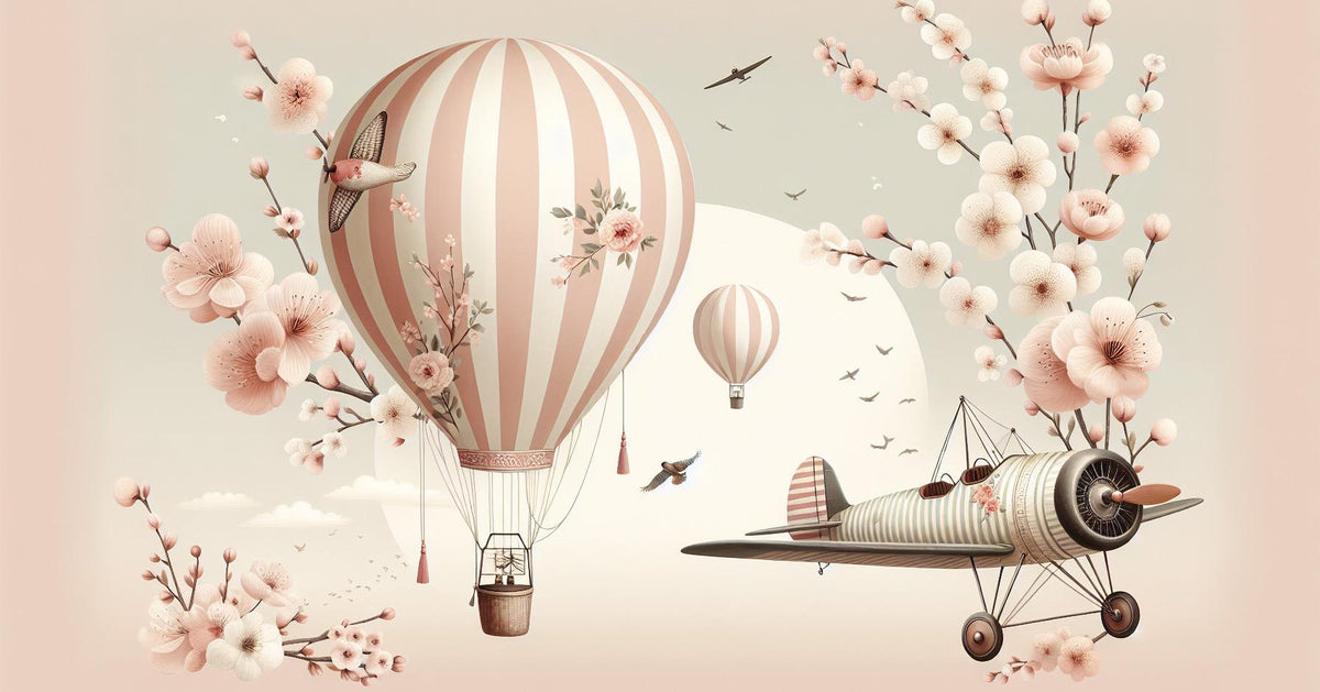 Papier peint montgolfière cerisiers et avions