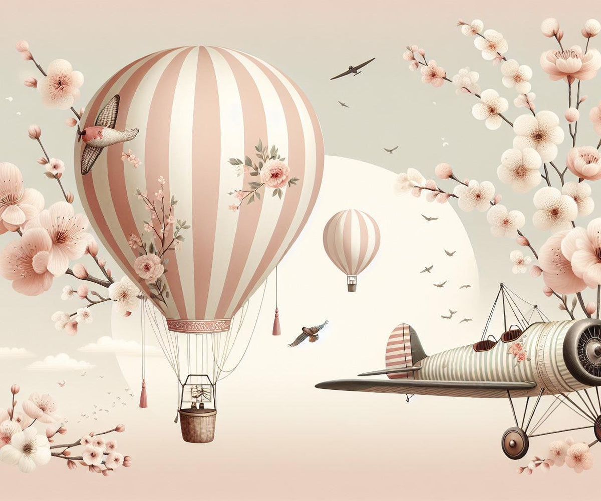 Papier peint montgolfière cerisiers et avions