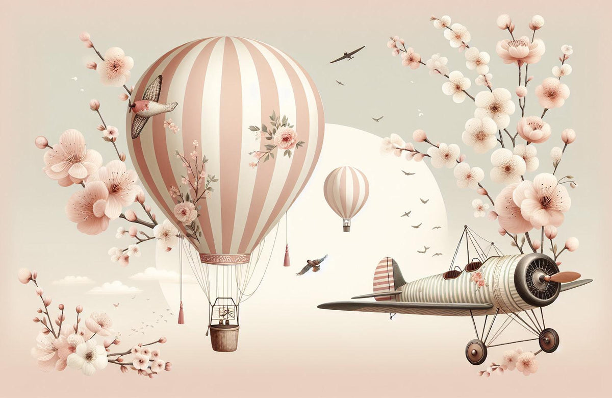 Papier peint montgolfière cerisiers et avions
