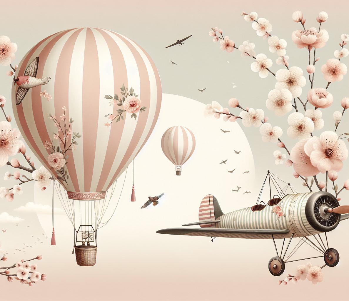 Papier peint montgolfière cerisiers et avions