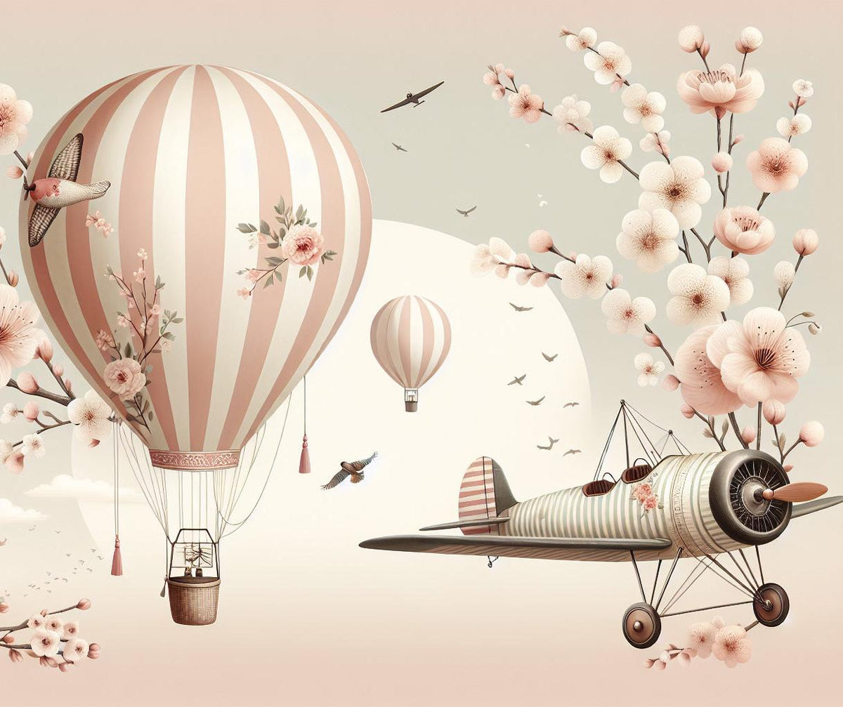 Papier peint montgolfière cerisiers et avions