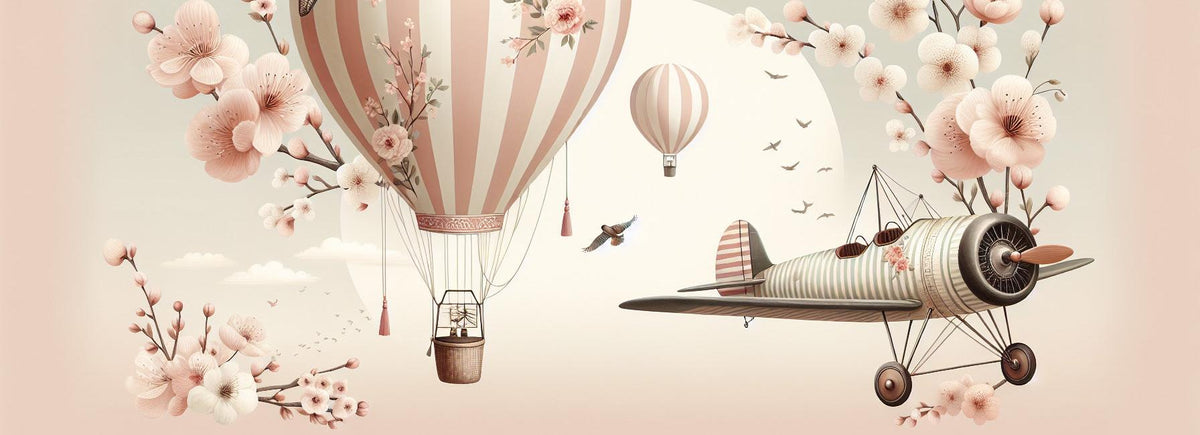 Papier peint montgolfière cerisiers et avions
