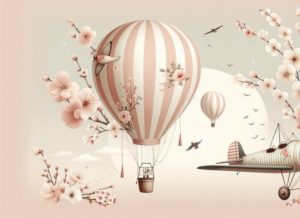 Papier peint montgolfière cerisiers et avions