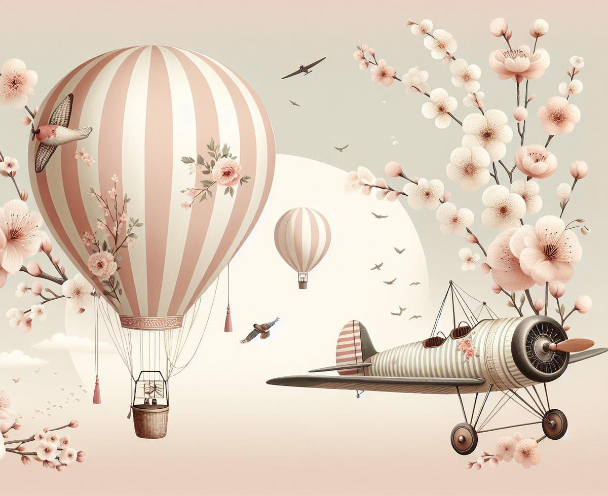 Papier peint montgolfière cerisiers et avions