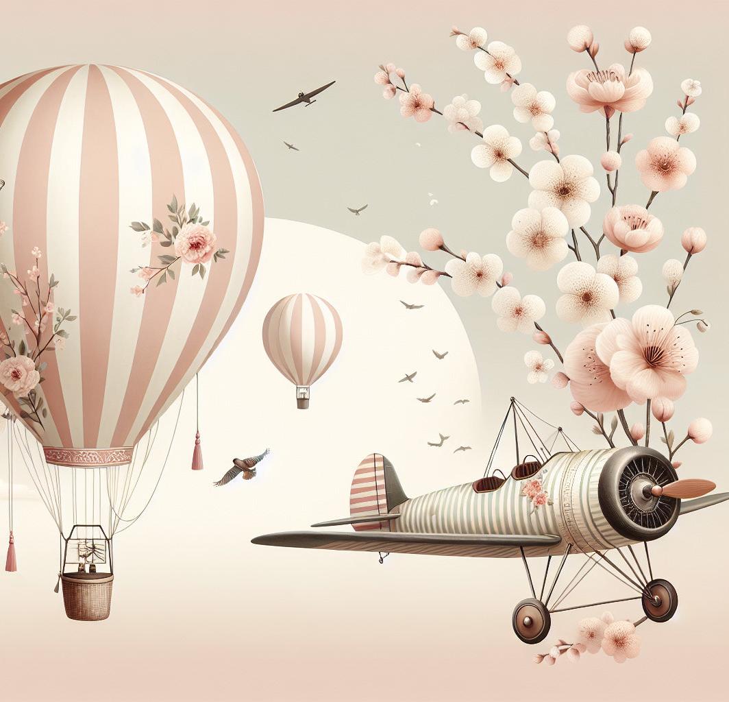Papier peint montgolfière cerisiers et avions