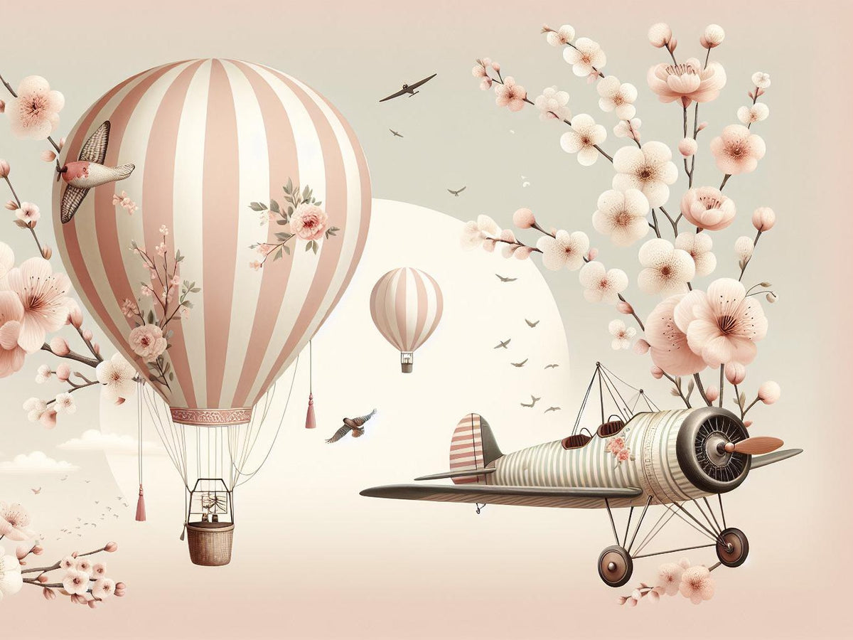 Papier peint montgolfière cerisiers et avions