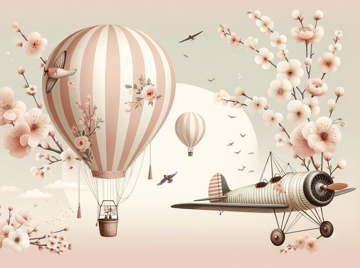 Papier peint montgolfière cerisiers et avions