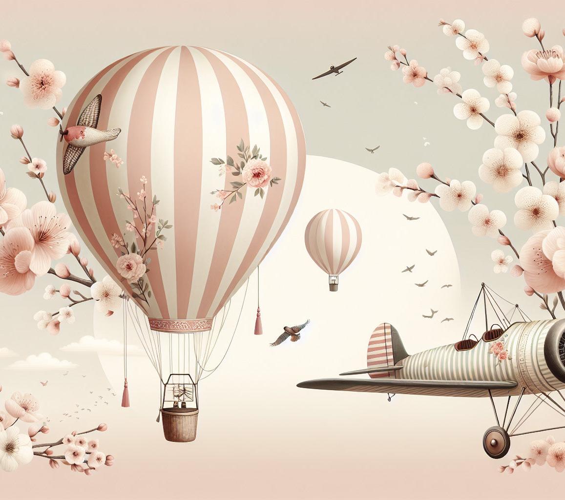 Papier peint montgolfière cerisiers et avions