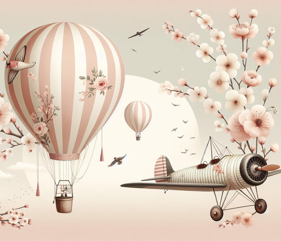 Papier peint montgolfière cerisiers et avions