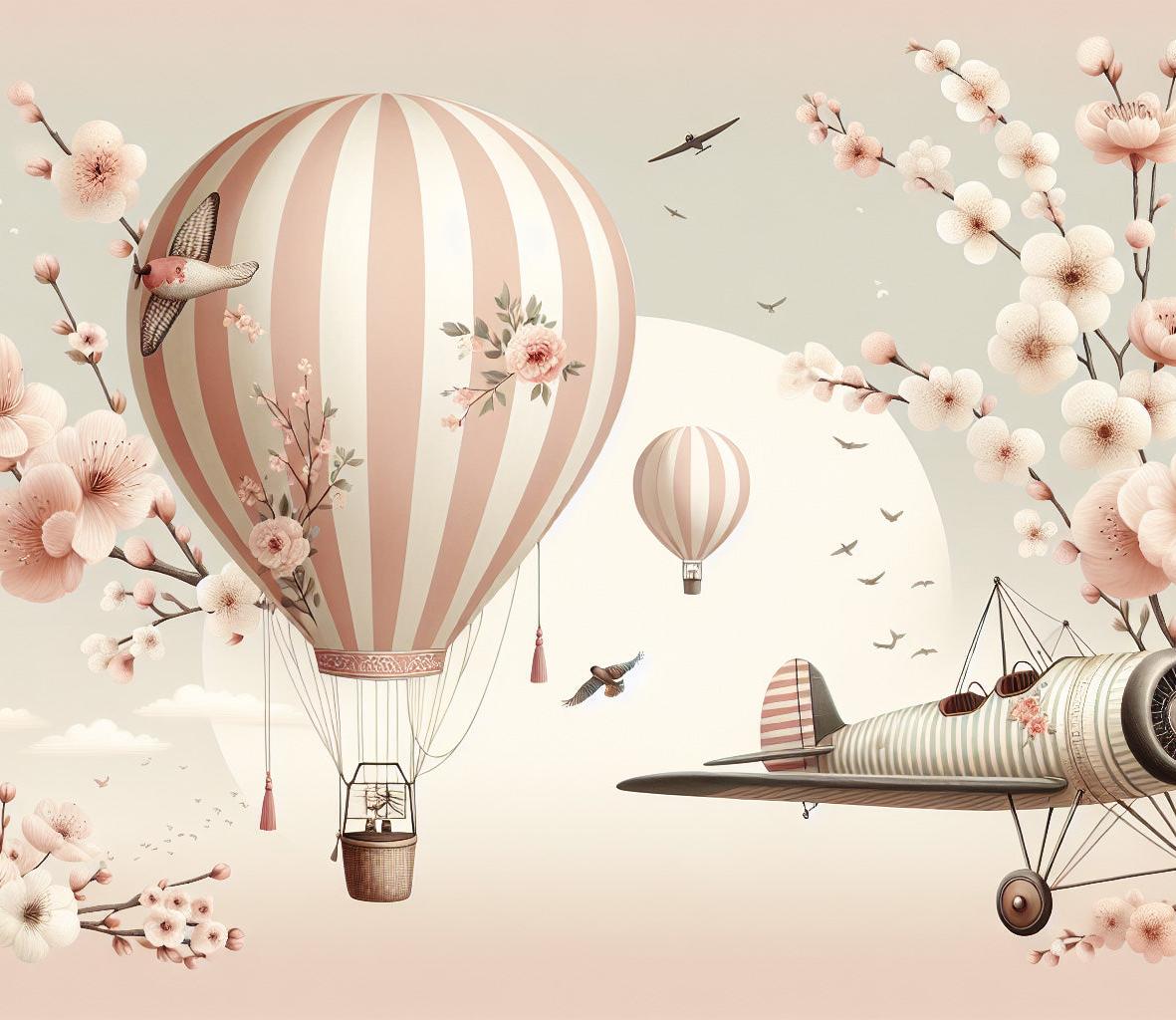 Papier peint montgolfière cerisiers et avions