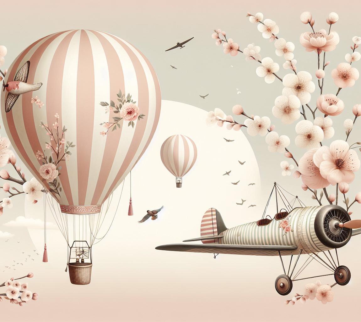 Papier peint montgolfière cerisiers et avions