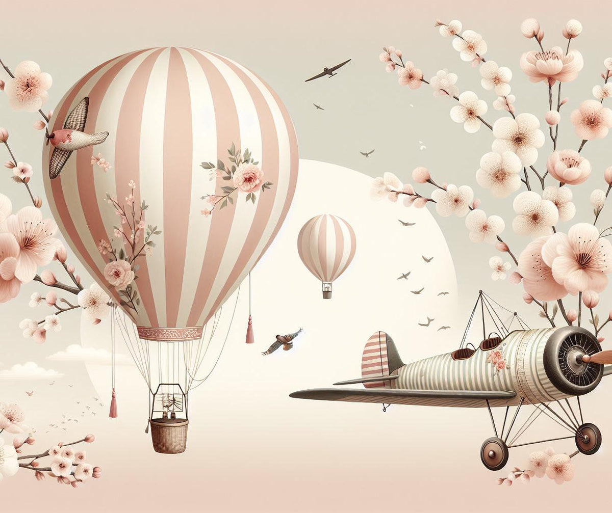 Papier peint montgolfière cerisiers et avions