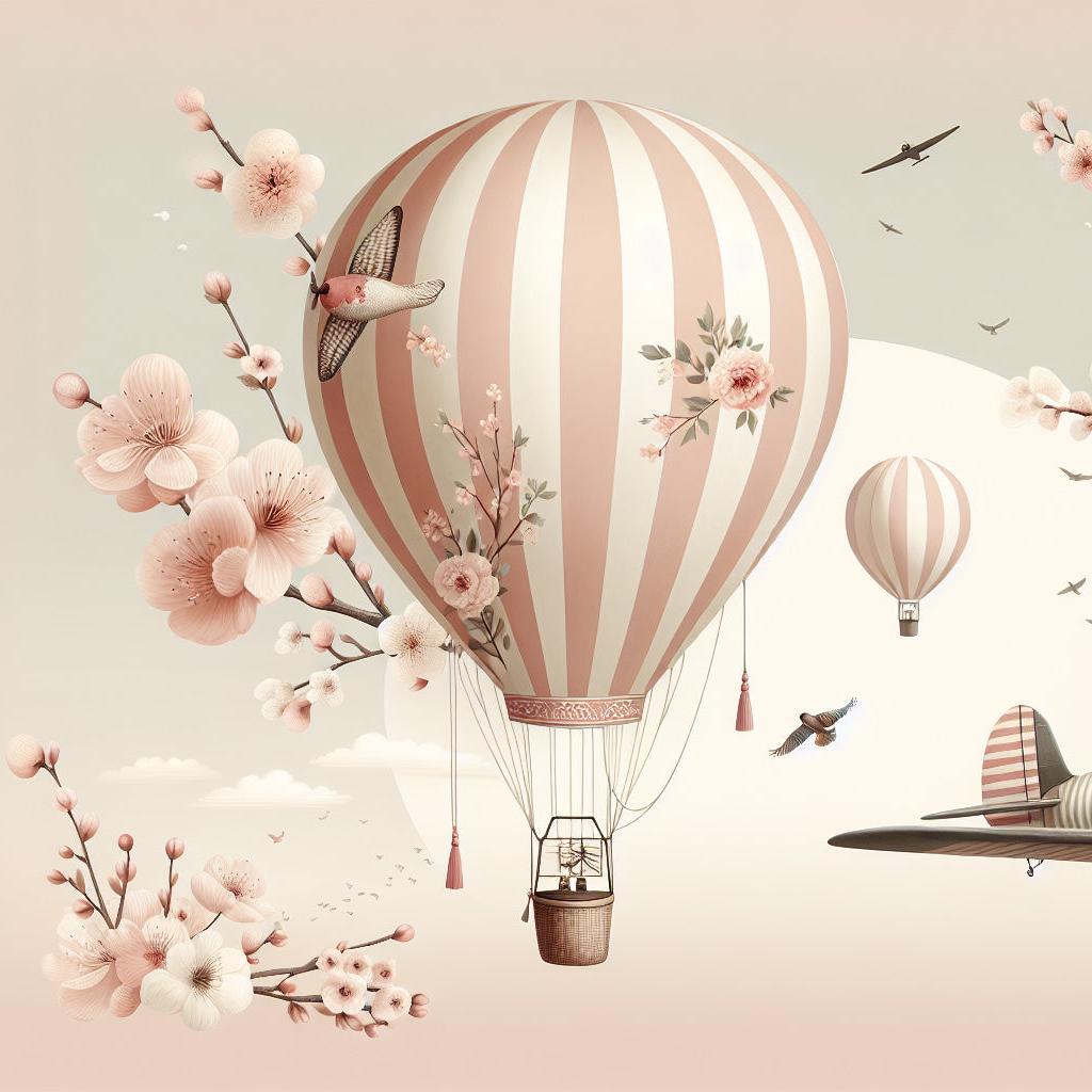 Papier peint montgolfière cerisiers et avions