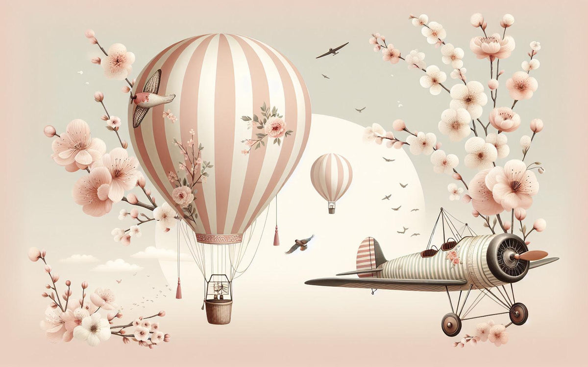 Papier peint montgolfière cerisiers et avions