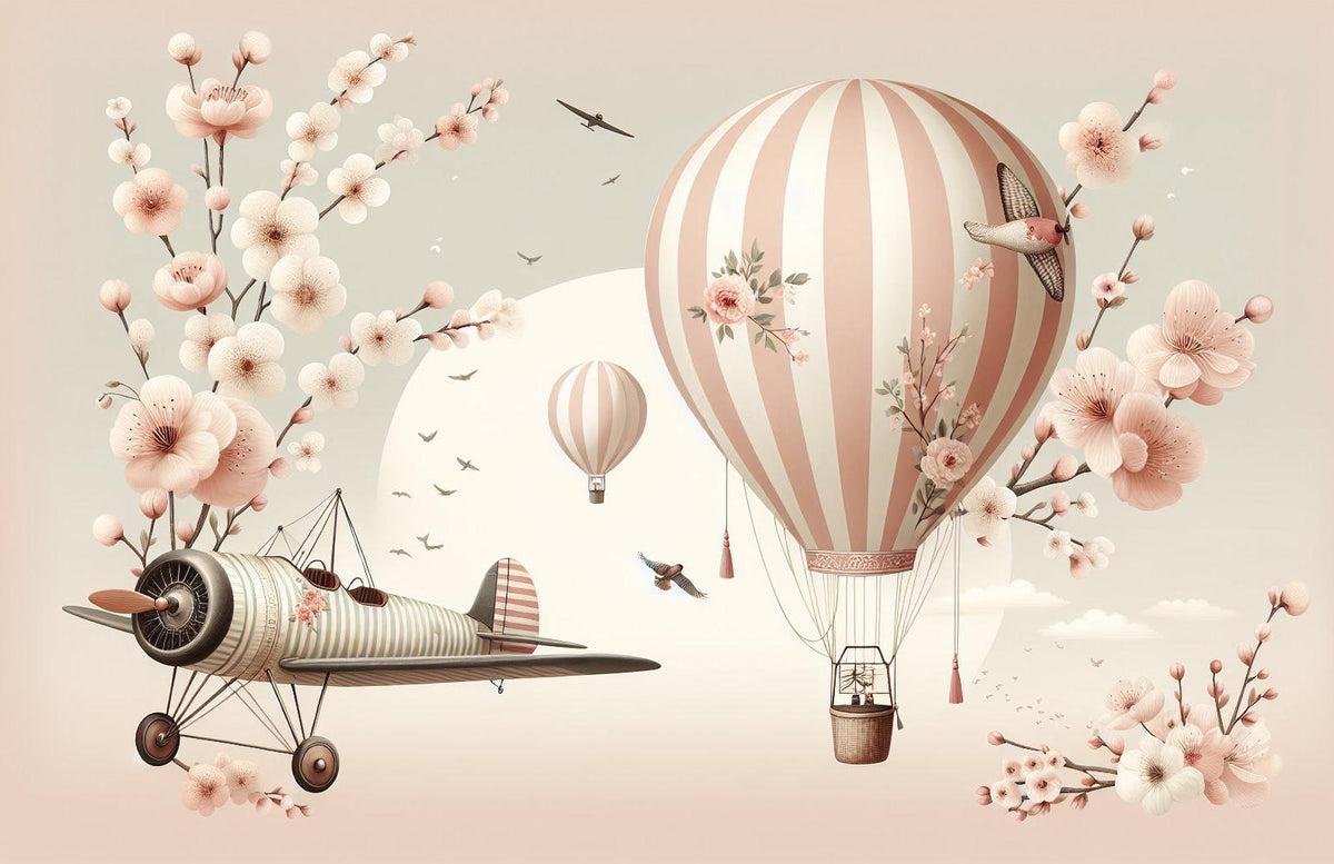 Papier peint montgolfière cerisiers et avions