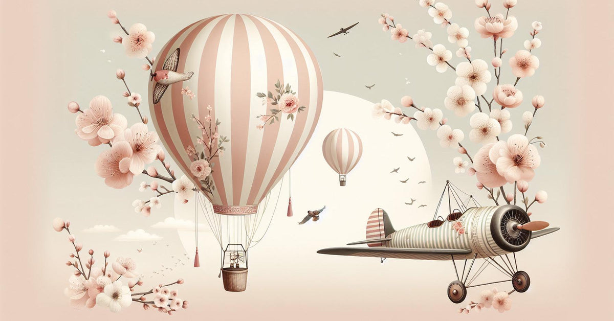 Papier peint montgolfière cerisiers et avions