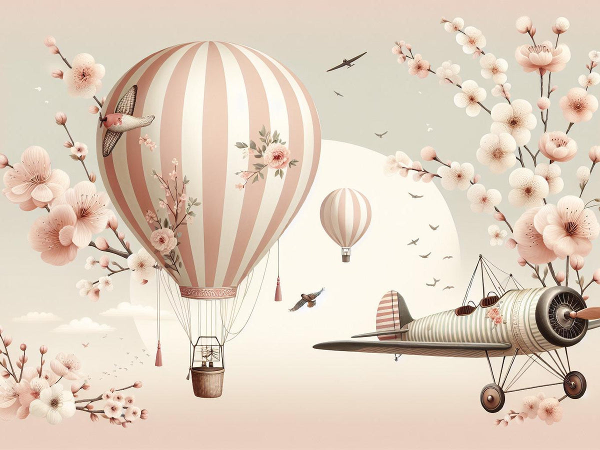 Papier peint montgolfière cerisiers et avions