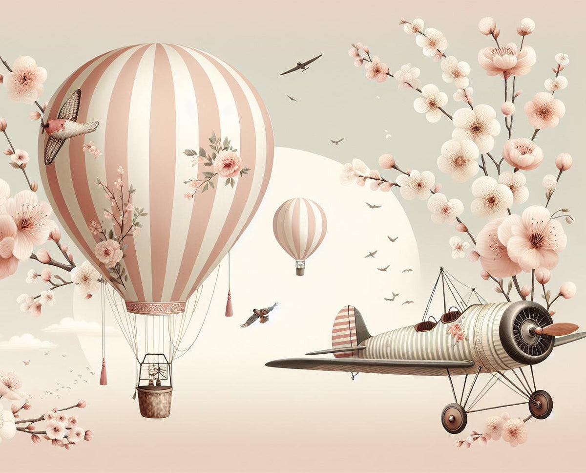 Papier peint montgolfière cerisiers et avions