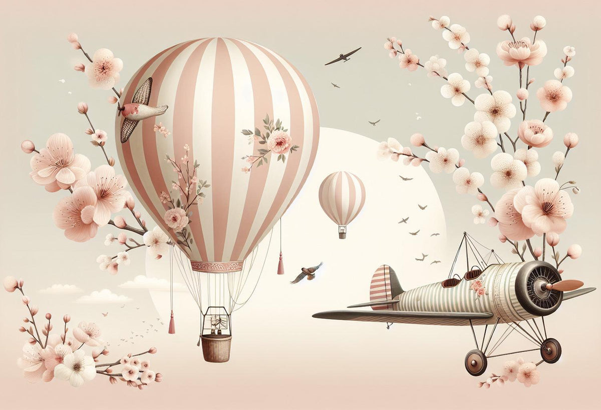 Papier peint montgolfière cerisiers et avions