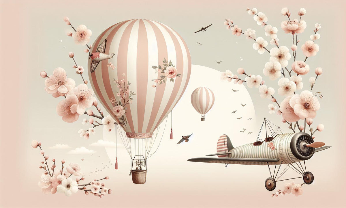 Papier peint montgolfière cerisiers et avions