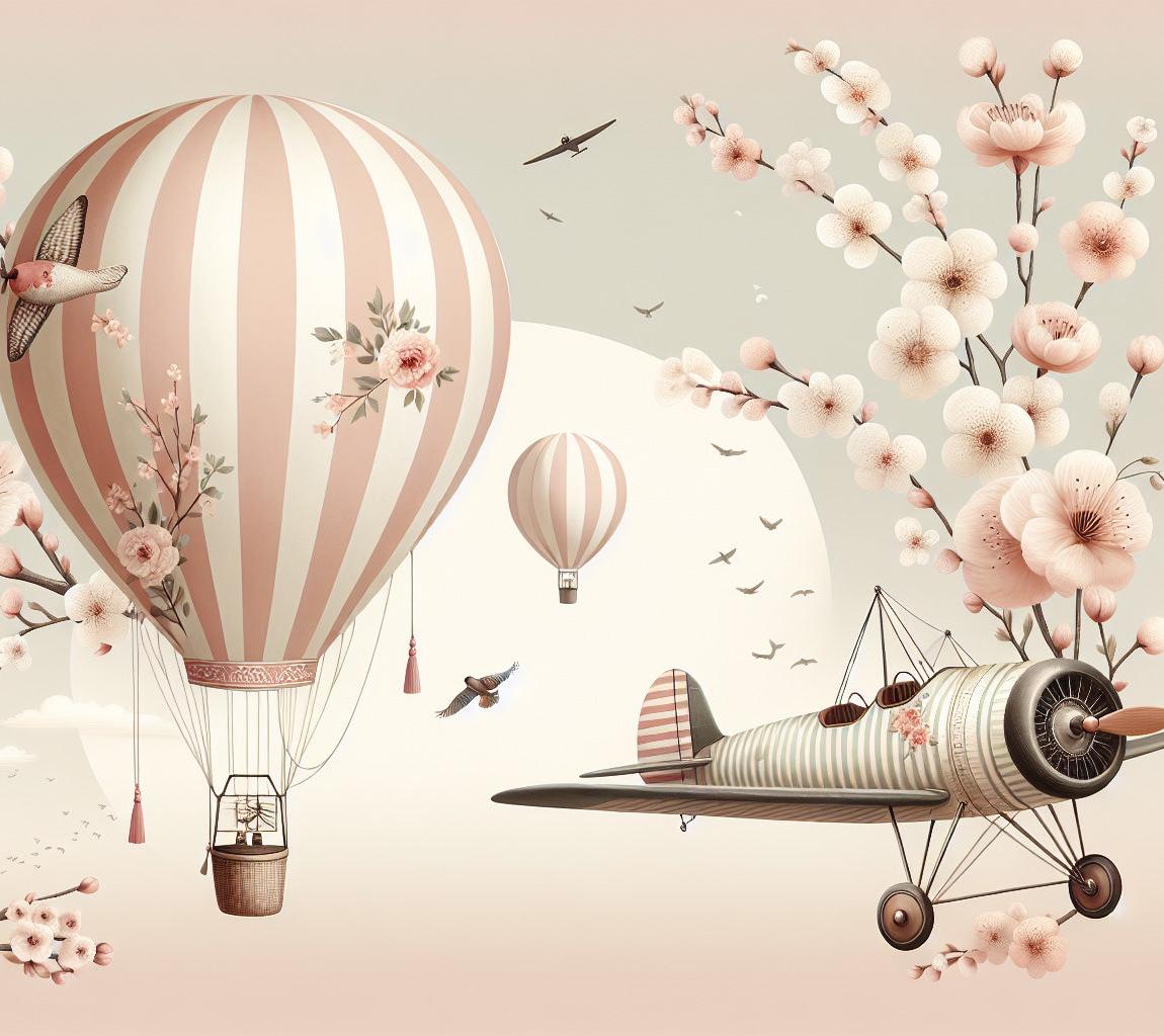 Papier peint montgolfière cerisiers et avions
