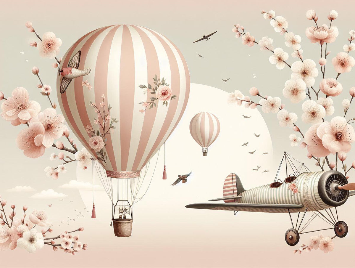 Papier peint montgolfière cerisiers et avions
