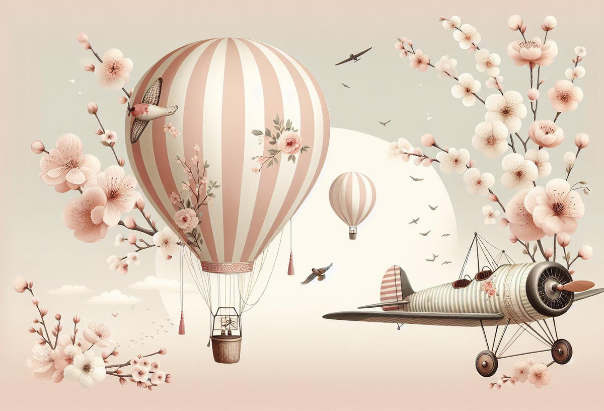 Papier peint montgolfière cerisiers et avions