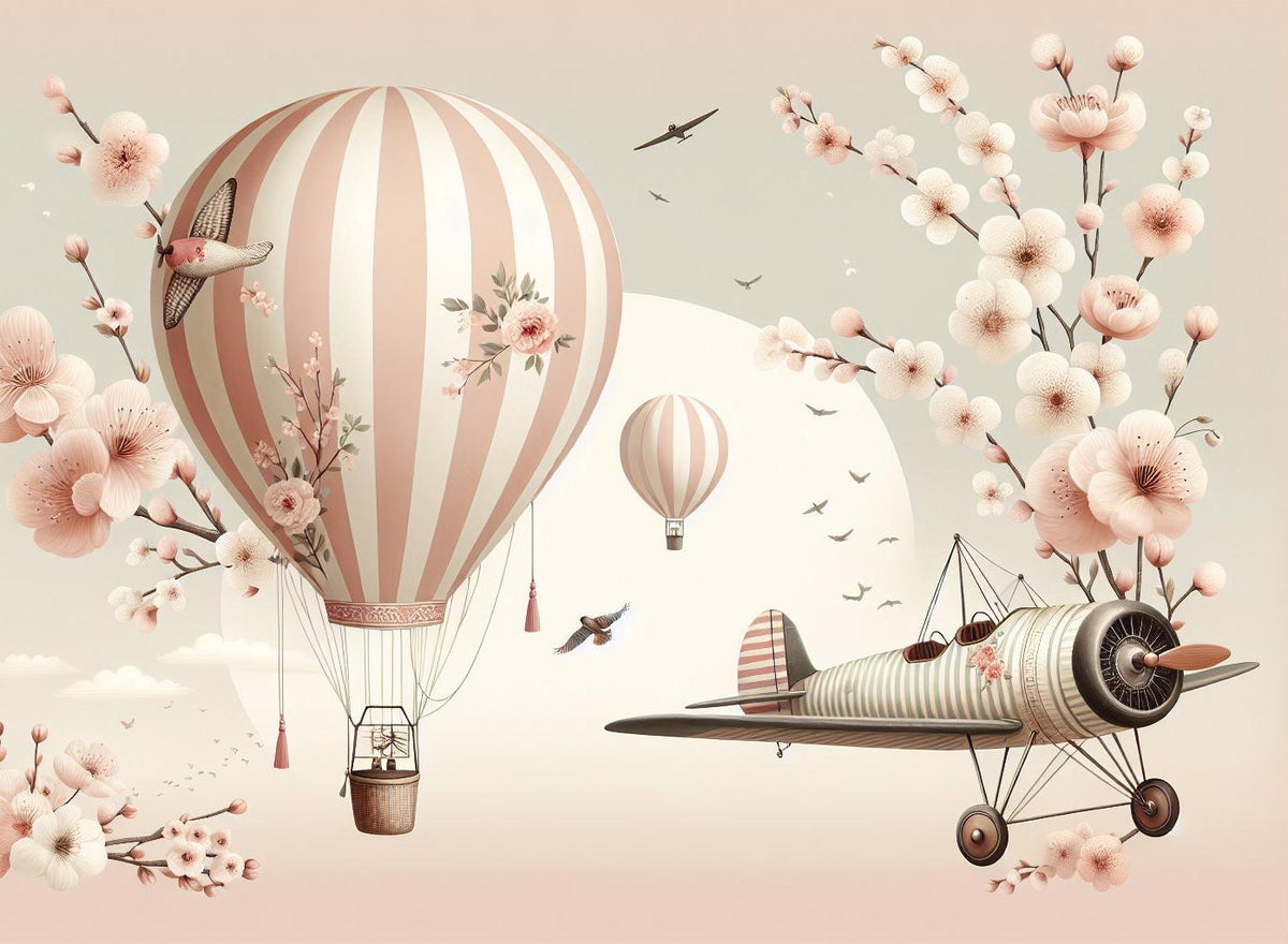 Papier peint montgolfière cerisiers et avions