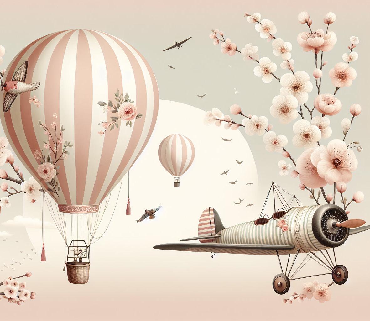 Papier peint montgolfière cerisiers et avions