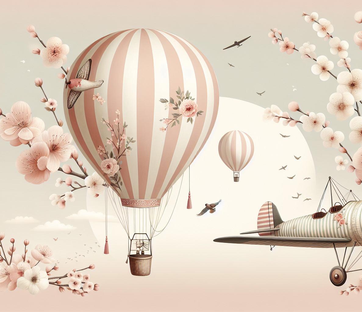Papier peint montgolfière cerisiers et avions