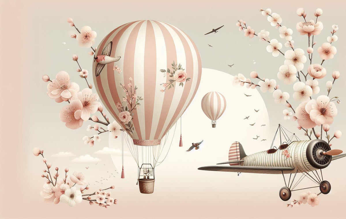 Papier peint montgolfière cerisiers et avions