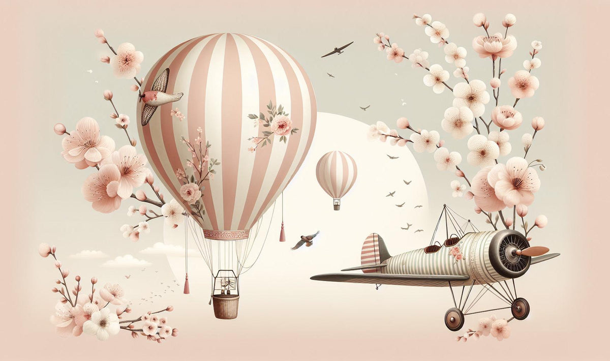 Papier peint montgolfière cerisiers et avions