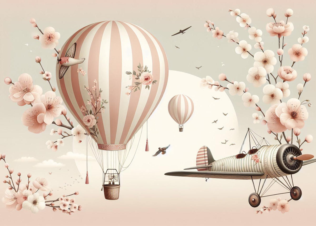 Papier peint montgolfière cerisiers et avions