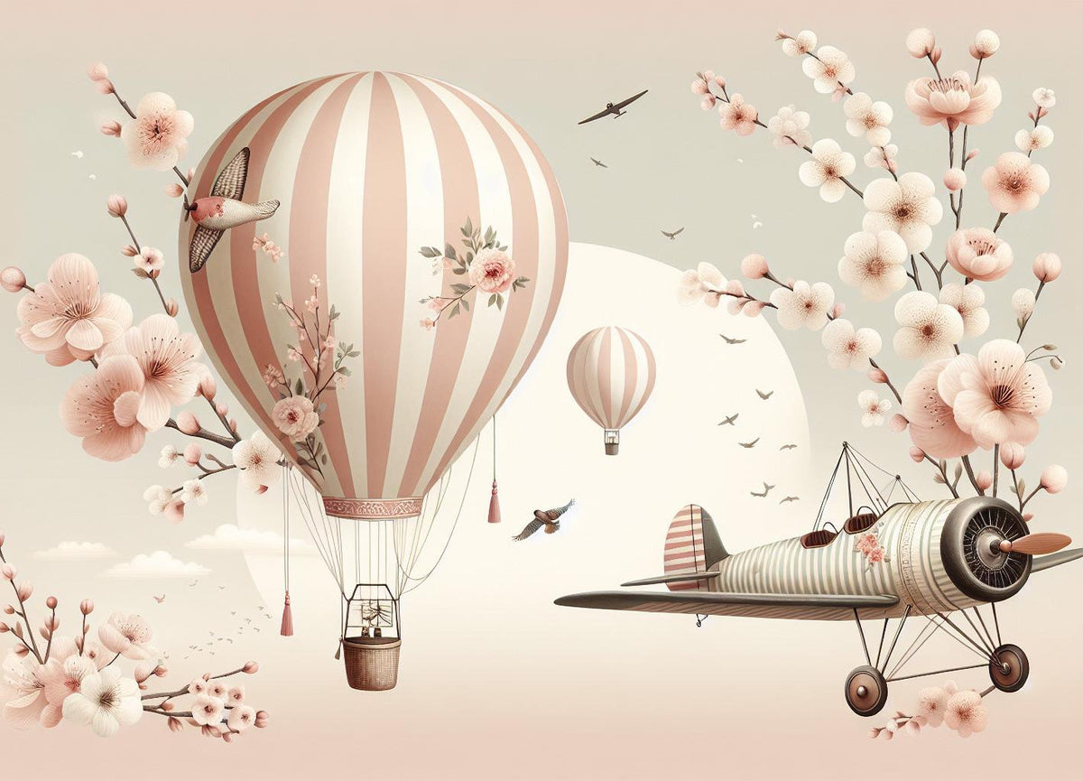 Papier peint montgolfière cerisiers et avions