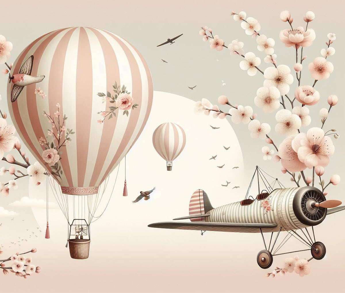 Papier peint montgolfière cerisiers et avions