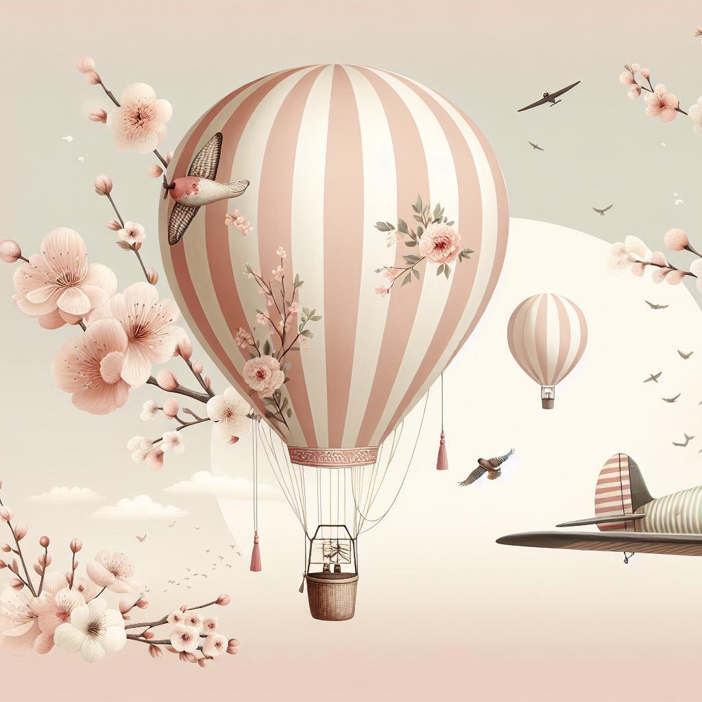 Papier peint montgolfière cerisiers et avions
