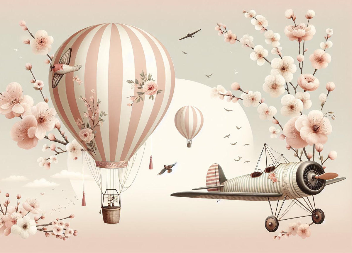 Papier peint montgolfière cerisiers et avions