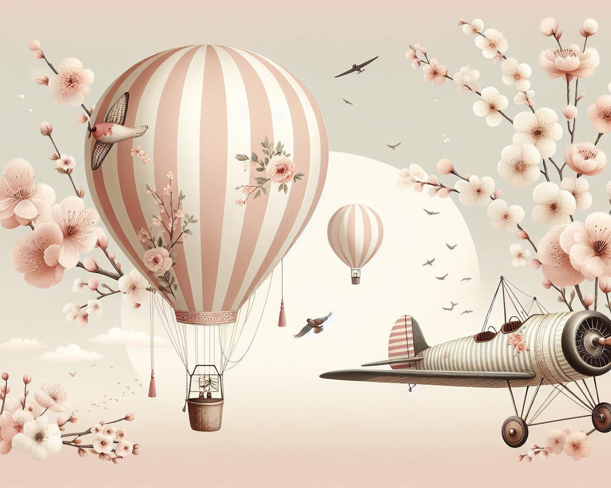 Papier peint montgolfière cerisiers et avions