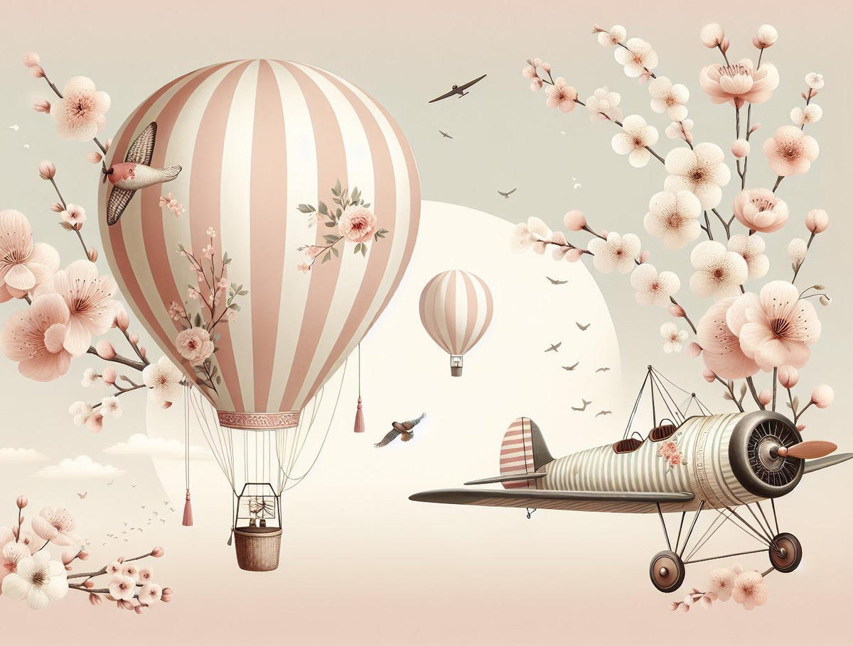 Papier peint montgolfière cerisiers et avions