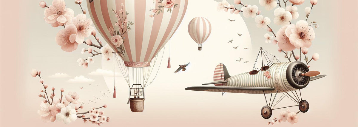 Papier peint montgolfière cerisiers et avions