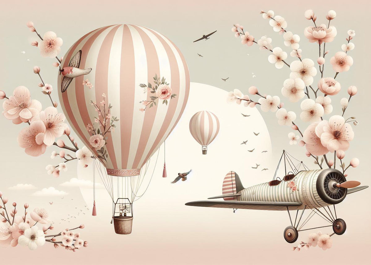 Papier peint montgolfière cerisiers et avions
